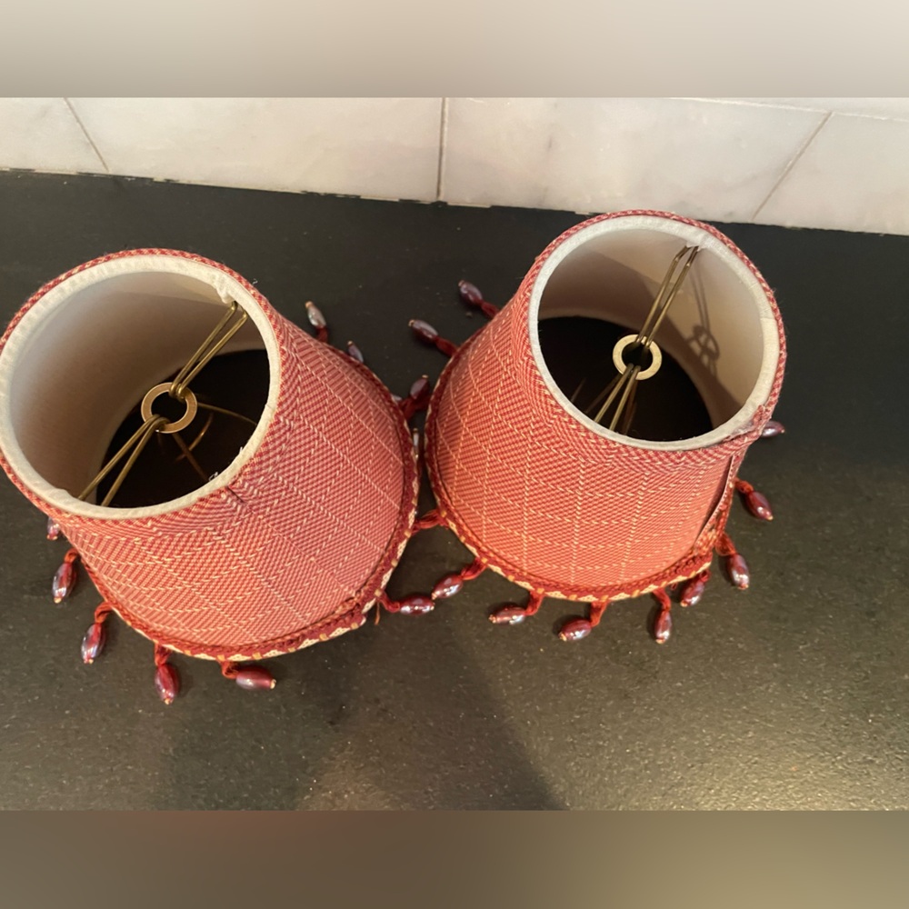 Red plaid Chandelier Shades with hanging beads  • Set of 2 - Picture 5 of 8